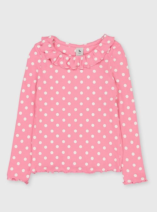 Pink Spot Frill Collar Top -...