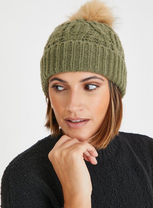 Khaki Cable Knit Pom Pom...