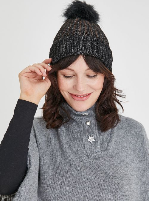 Black Metallic Pom Pom Beanie...