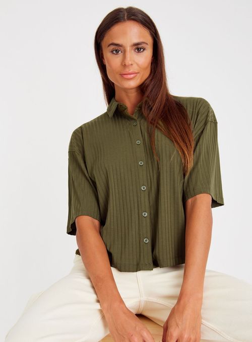 Khaki Wide Ribbed Boxy Shirt...