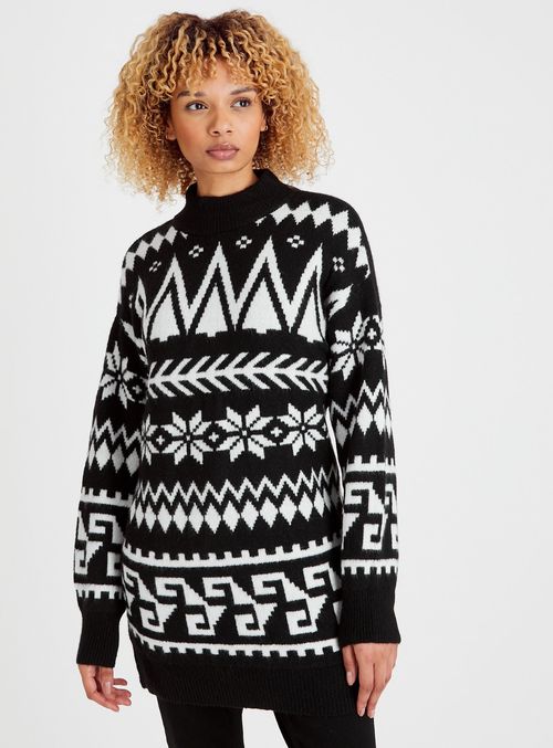 Fairisle Roll Neck Longline Knit Jumper