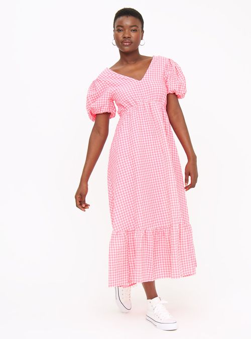 Neon Pink Gingham Tiered Midi...