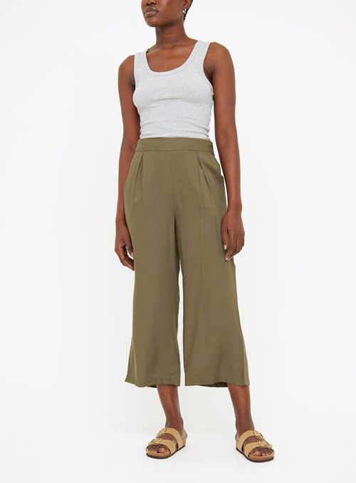 Khaki Woven Cropped Trousers ...