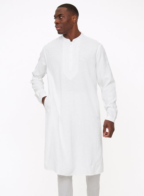 White Embroidered Linen Blend...