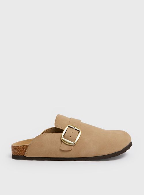 Beige Buckle Faux Suede Slip...