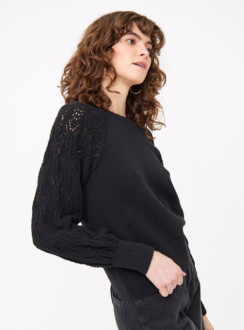 Black Lace Sleeve Knitted...