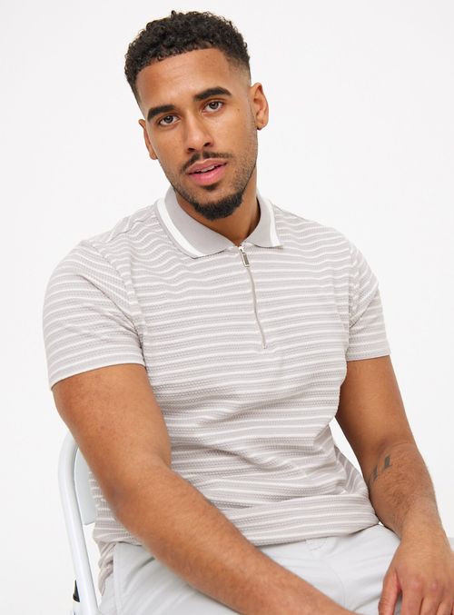 Grey Stripe Textured Zip Polo...