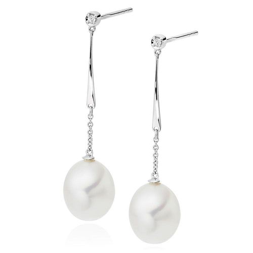 9ct White Gold Diamond Freshwater Cultured Pearl Drop Earrings