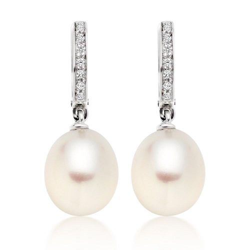 9ct White Gold Cubic Zirconia Freshwater Cultured Pearl Drop Earrings