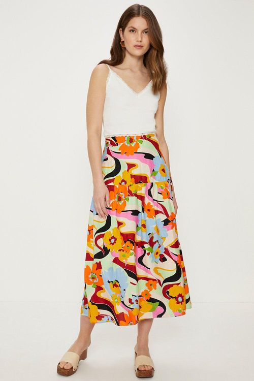 Linen Mix Floral Print Midi...