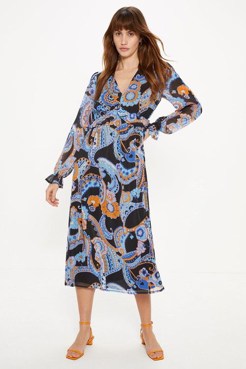 Paisley Ruffle Waist Midi...