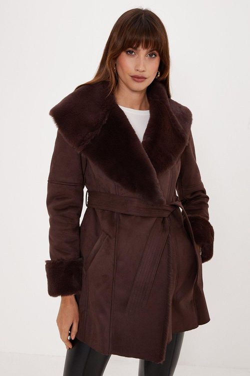 Faux Shearling Collar Belted...