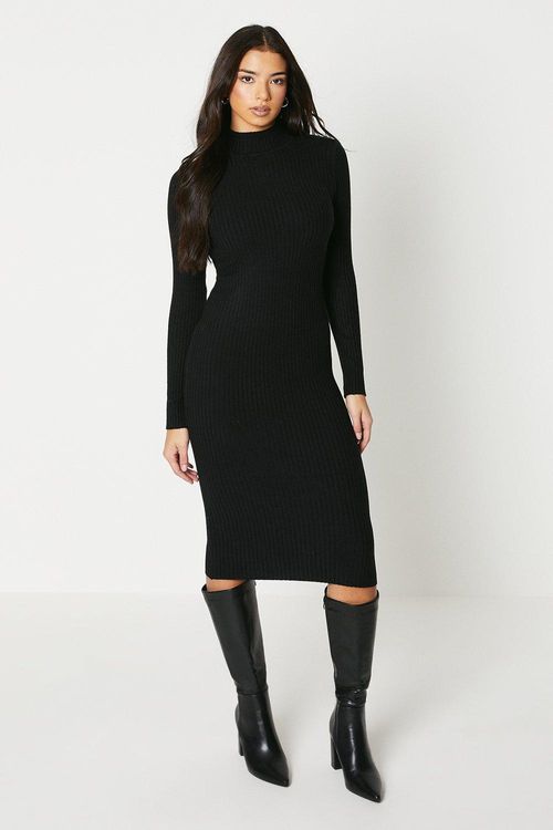 Funnel Neck Rib Knitted Midi...