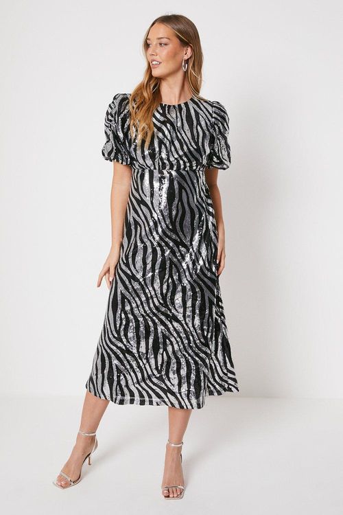 Zebra Sequin Puff Sleeve Midi...