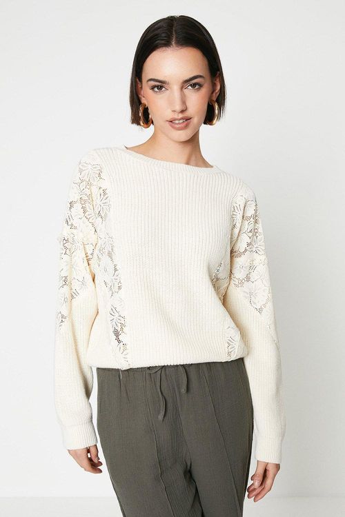 Lace Insert Ribbed Sweaterivory