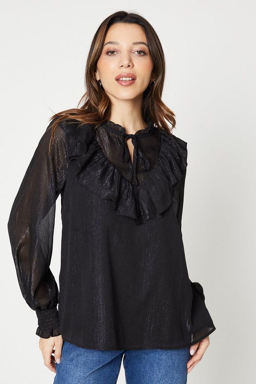 Metallic Ruffle Neck Topblack