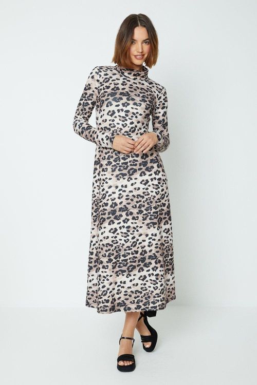 Animal Roll Neck Long Sleeve Jersey Dress