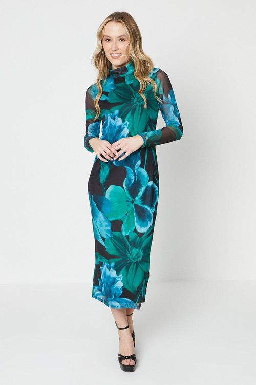 Mesh Long Sleeve Funnel Neck Midi Dress