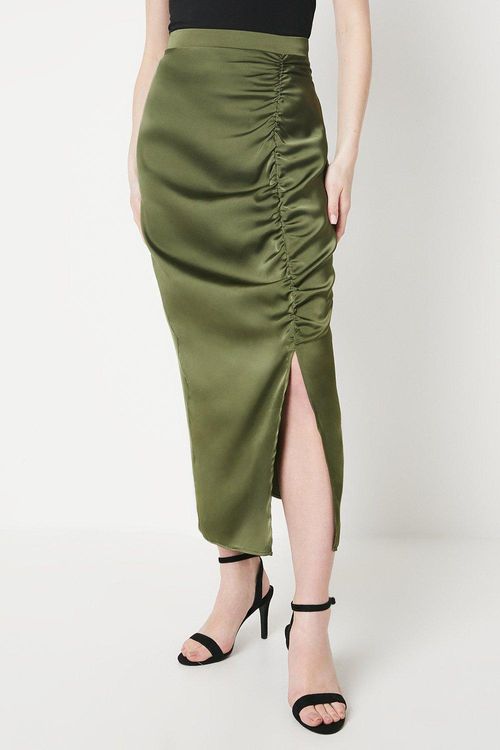 Ruched Satin Maxi Skirtkhaki