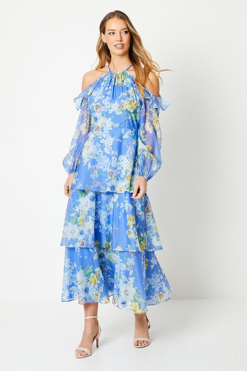 Womens Occasion Floral Organza Tiered Midaxi Dress