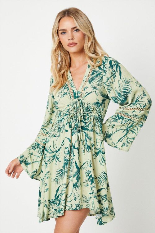 Womens Petie Floral Tie Front Kimono Sleeve Tiered Mini Dress