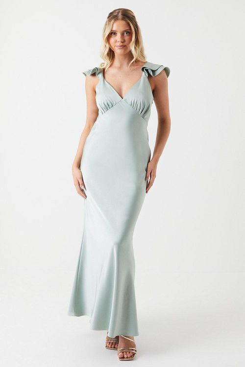 Ruffle Neckline Satin Maxi...