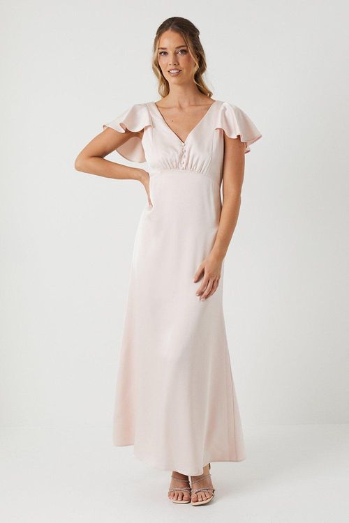 Ruffle Shoulder Satin Maxi...