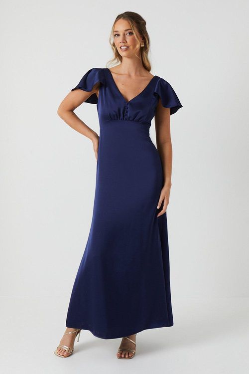 Ruffle Shoulder Satin Maxi...