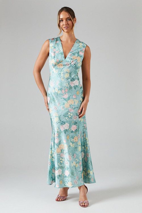 Winter Rose Printed Satin V Neck Maxi Bridesmaids Dress