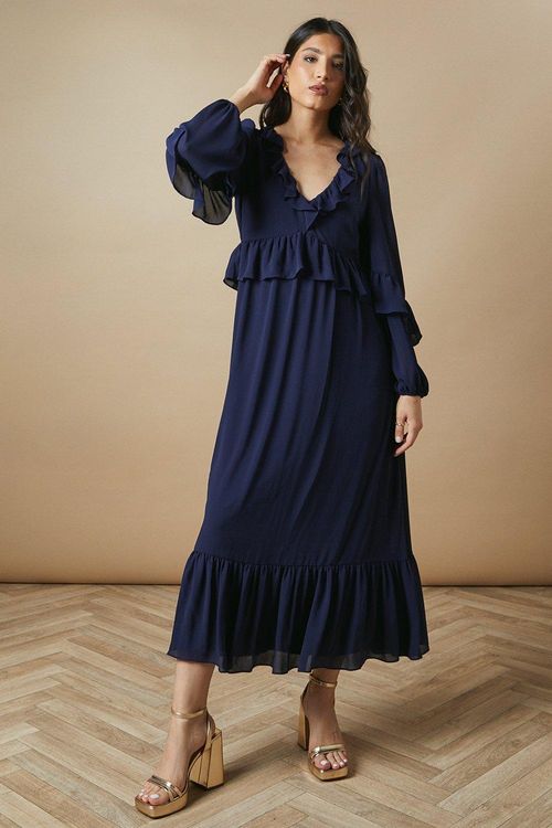 Ruffle Neckline Chiffon Midi...