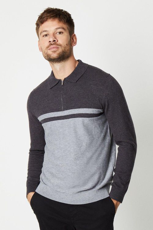 Mens Zip Colour Block Polo