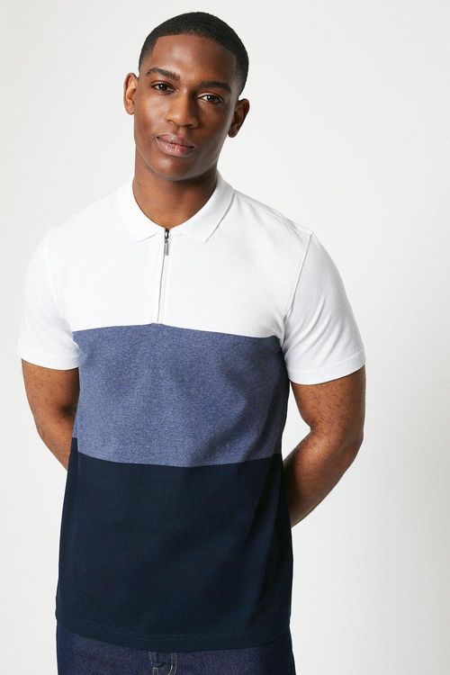 Mens Block Stripe Zip Polo