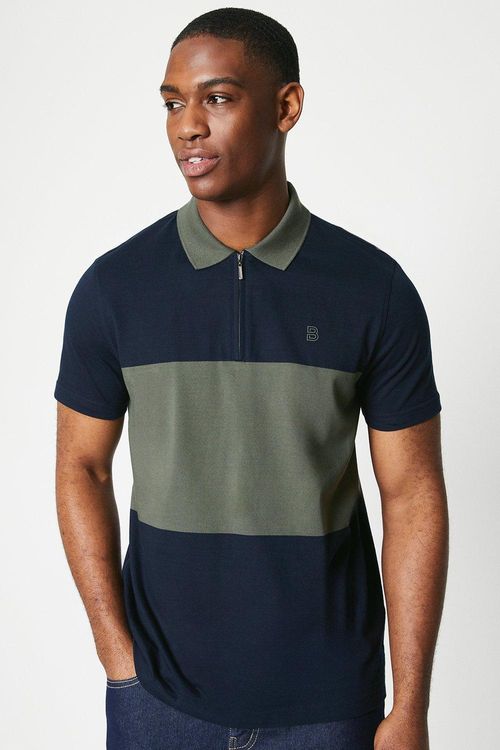 Mens Block Stripe Zip Polo