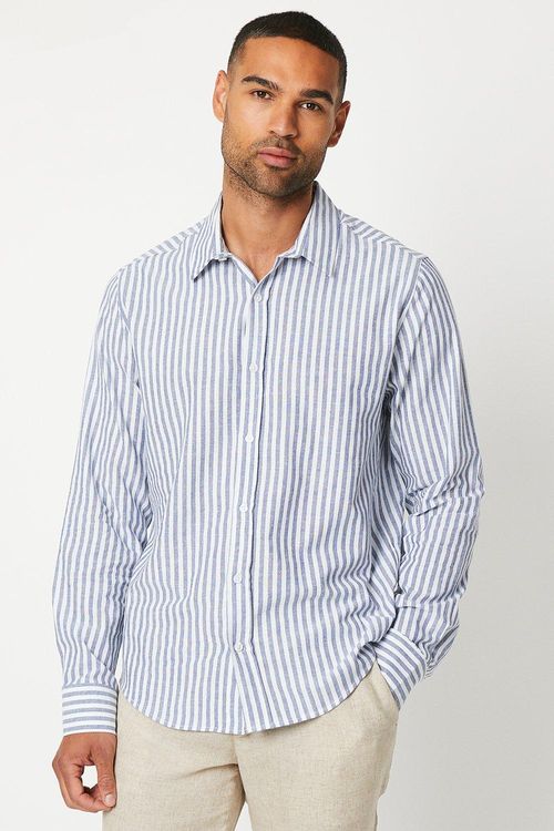 Mens Cotton Linen Stripe Long...