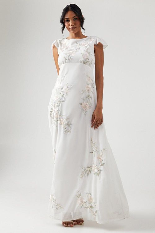 Womens Rose Embroidered Flutter Sleeve Bridesmaids Maxi Dress