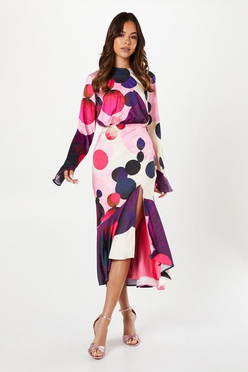 Graphic Spot Print Satin Midi...