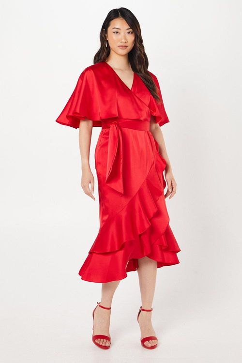 Satin Cape Dress With Ruffle...