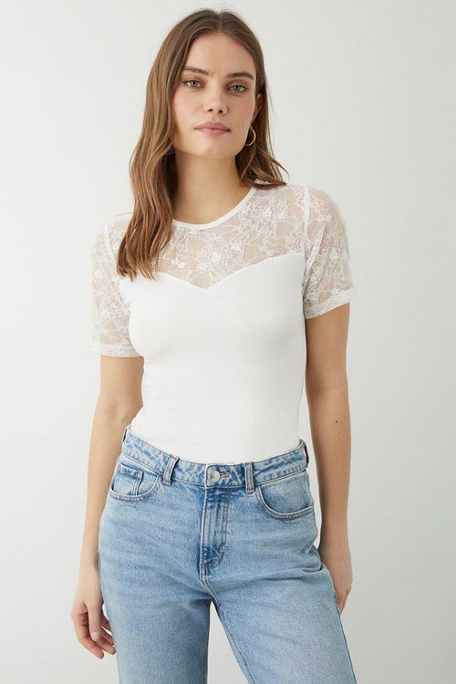 Womens Lace Insert Short Sleeve Top