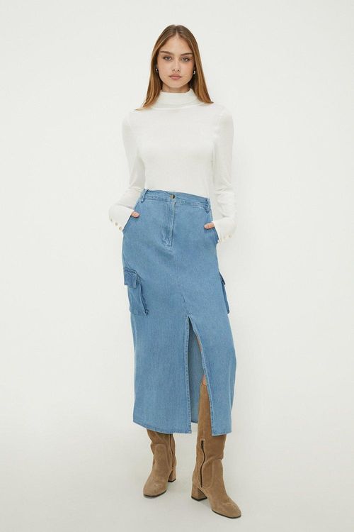 Womens Denim Cargo Midi Skirt