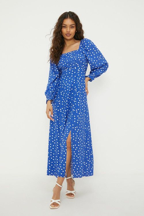 Womens Petite Blue Spot Square Neck Midi Dress