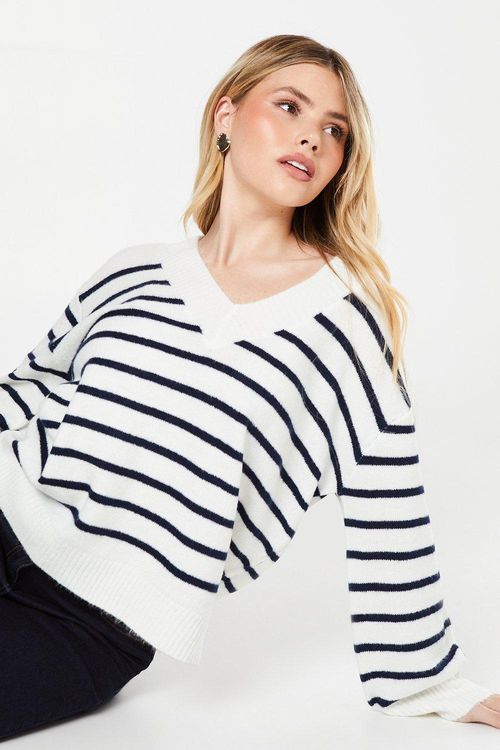 Womens V Neck Stripe Knitted...