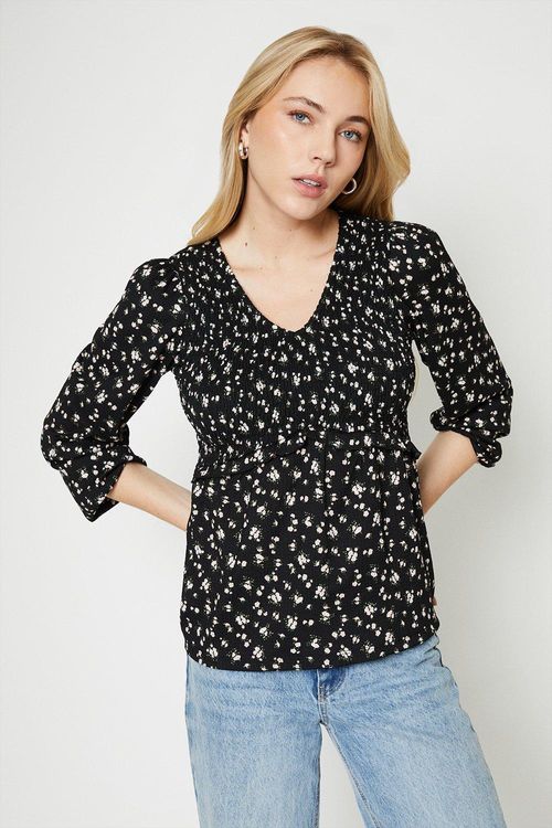 Womens Shirred V Neck Volume Sleeve Top