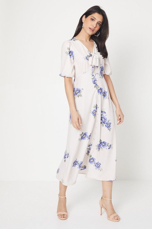 Womens Ivory Floral Tie Front Button Through Midi Dress