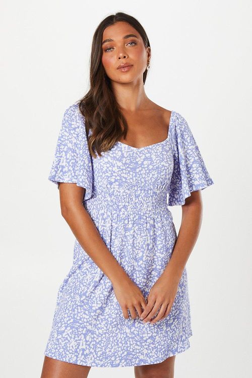 Womens Petite Blue Abstract Shirred Waist Detail Mini Dress
