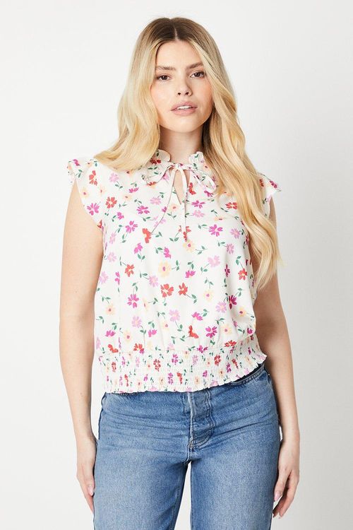 Womens Floral Short Sleeve Tie Front Ruffle Sleeve Top