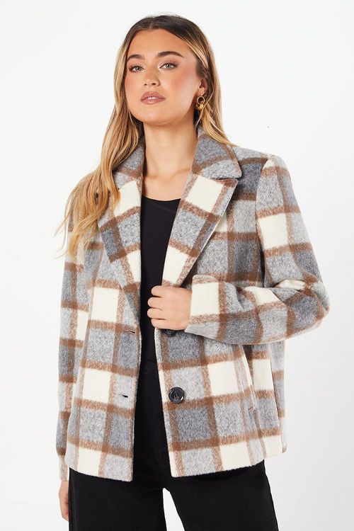 Womens Check Wool Look Cropped Jacket