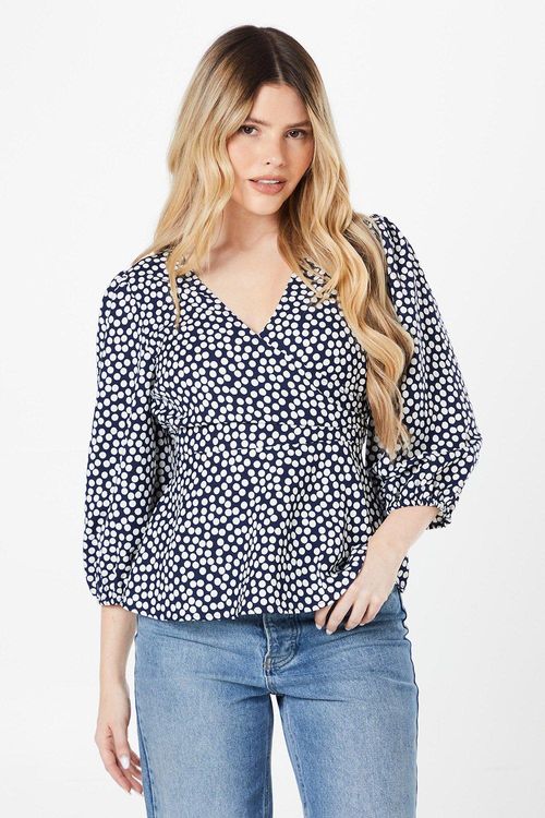 Womens Navy Spot Wrap Blouse