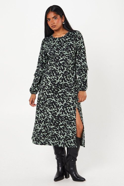 Womens Petite Khaki Animal Print Ruffle Sleeve Midi Dress