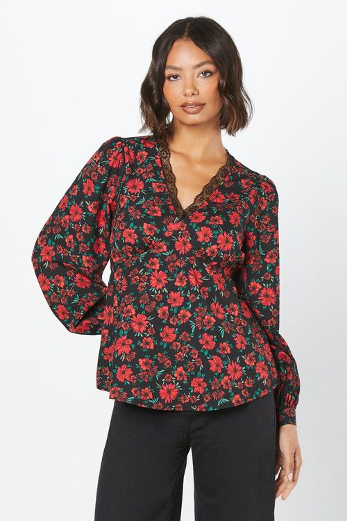 Womens Red Floral Lace Trim V...