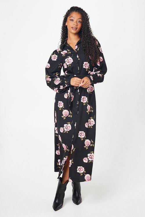 Womens Tall Floral Tie Waist Midi Shirt Dress